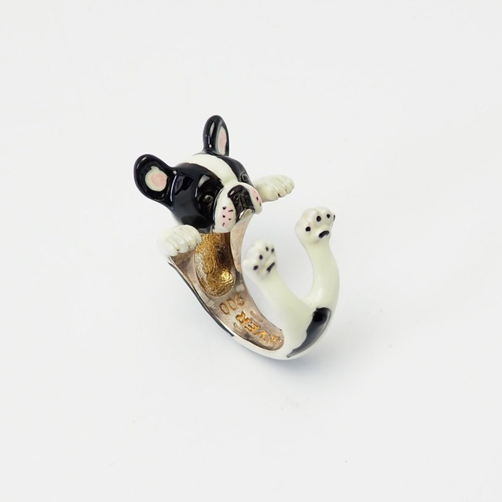 French Bulldog stelring sivler and enamel open band adjustable ring by Dog Fever